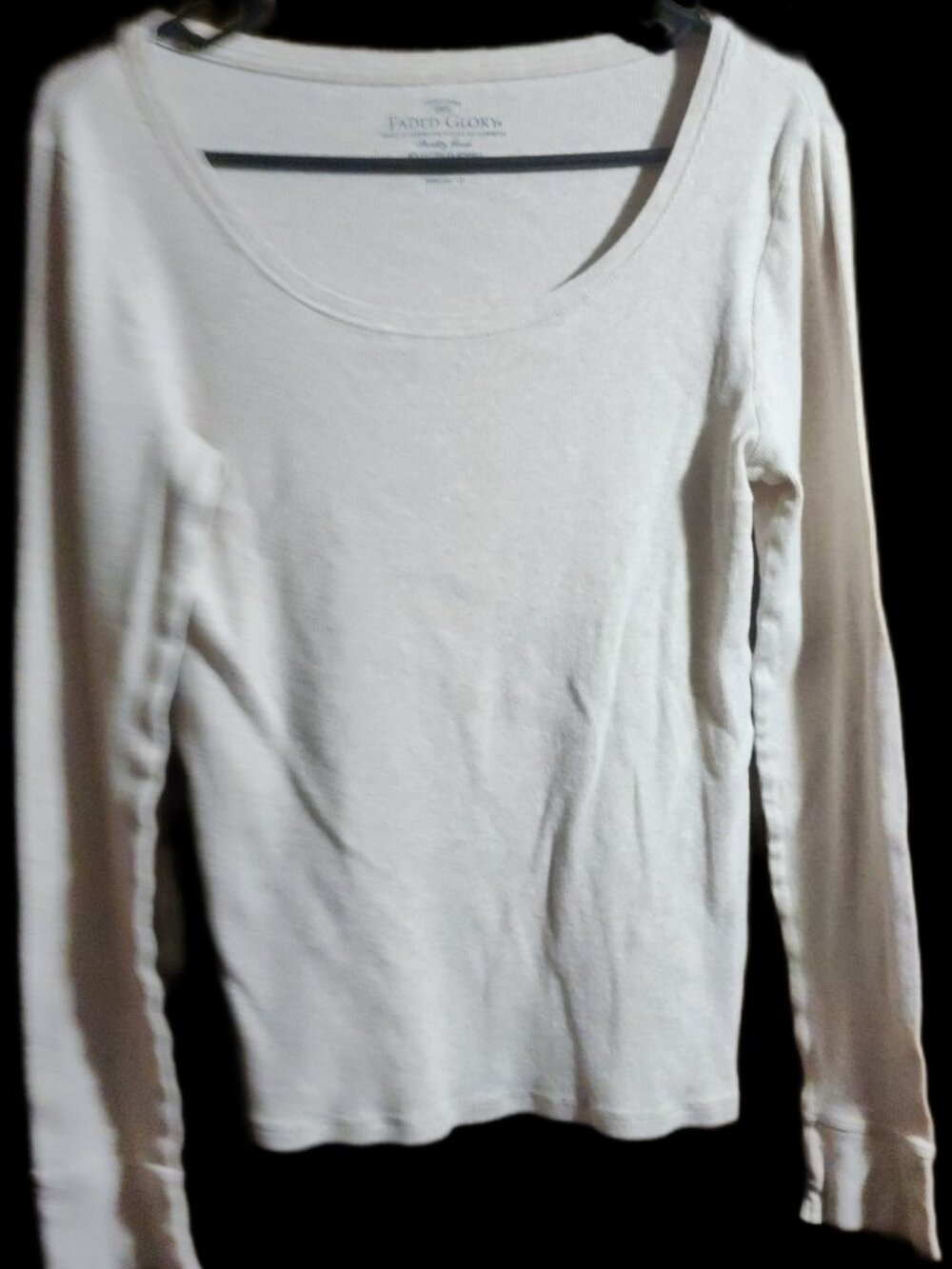Faded Glory Cream Beige Ribbed Long Sleeve Scoop Neck Top Size L (12-14)